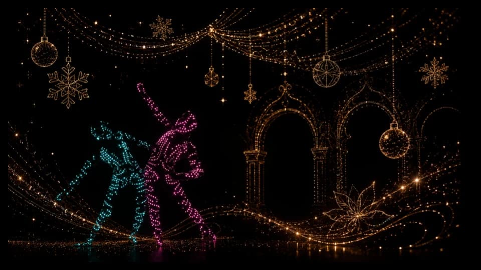 Brilho de Natal — personagens de luz em ciano e magenta entre arcos dourados