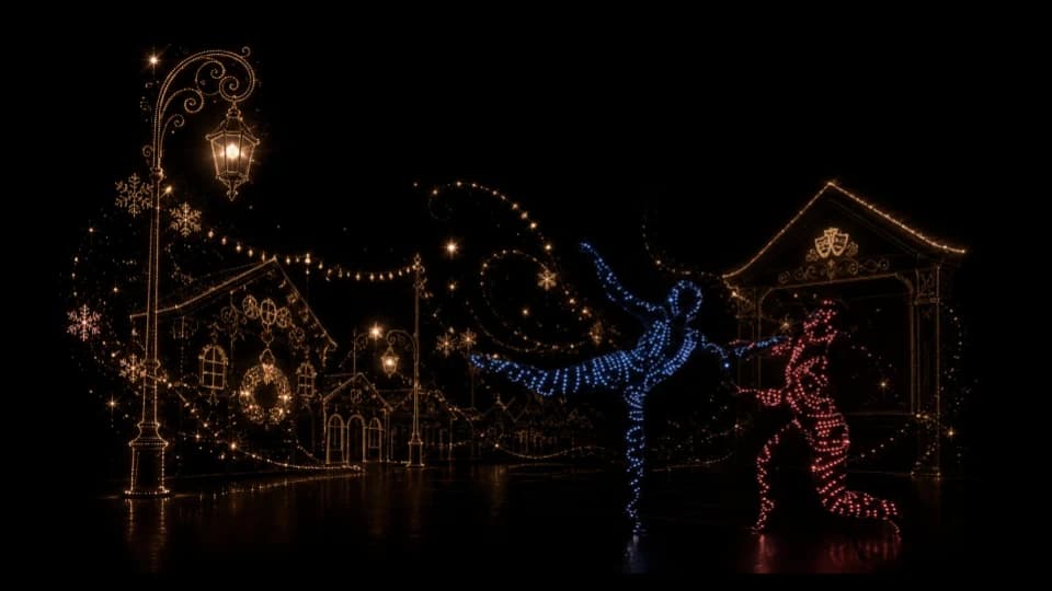 Brilho de Natal — vestido luminoso azul e rosa